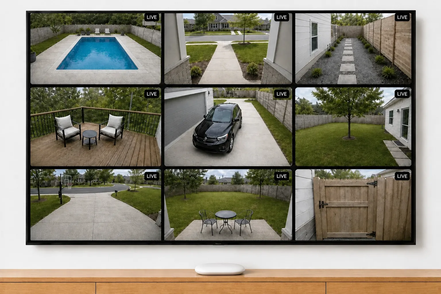 Ring cameras on Google TV: nine feeds live in one grid on a wall-mounted TV, with the Google TV device on the console below
