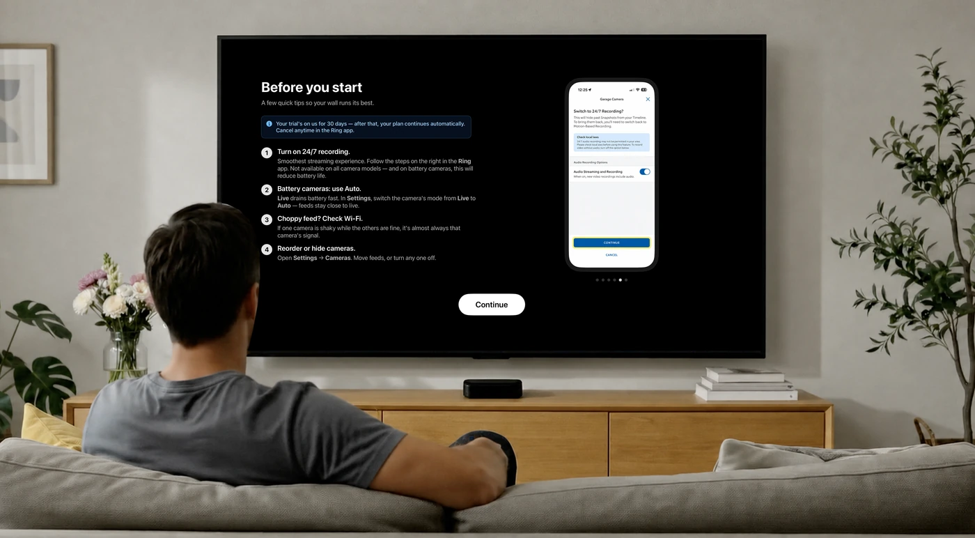 The Apple TV Before you start screen: four setup tips beside a Ring Video Settings screenshot