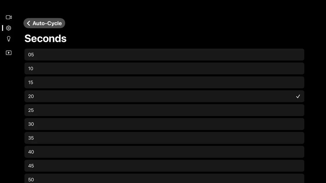 The Seconds picker for Auto-Cycle, a list from 05 upward with 20 checked