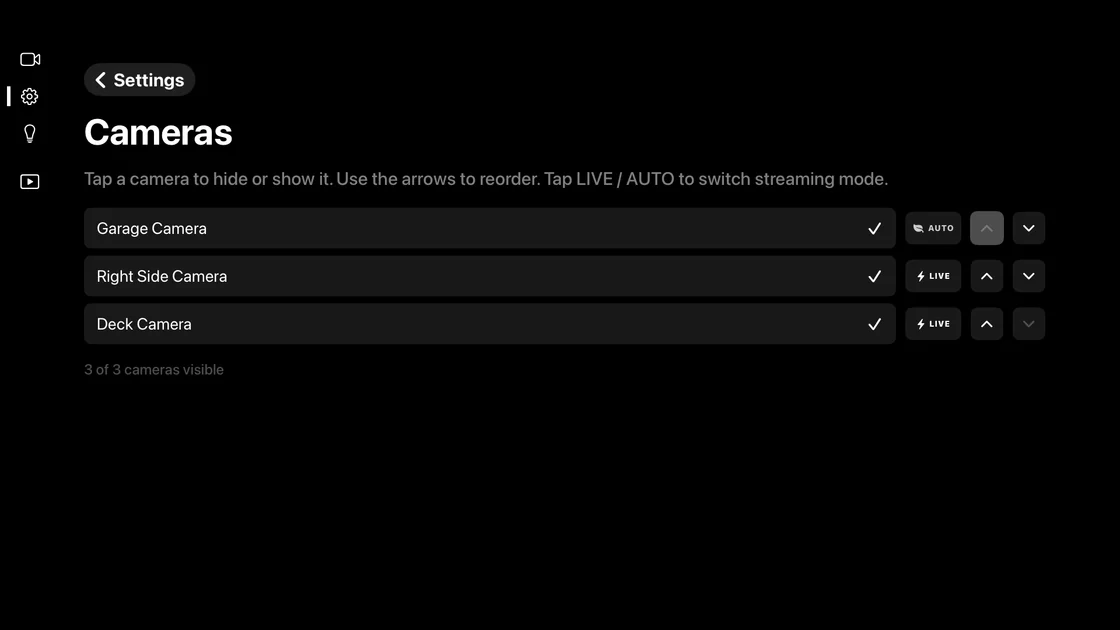 Video Wall's Cameras settings screen with Garage Camera moved to the top of the list