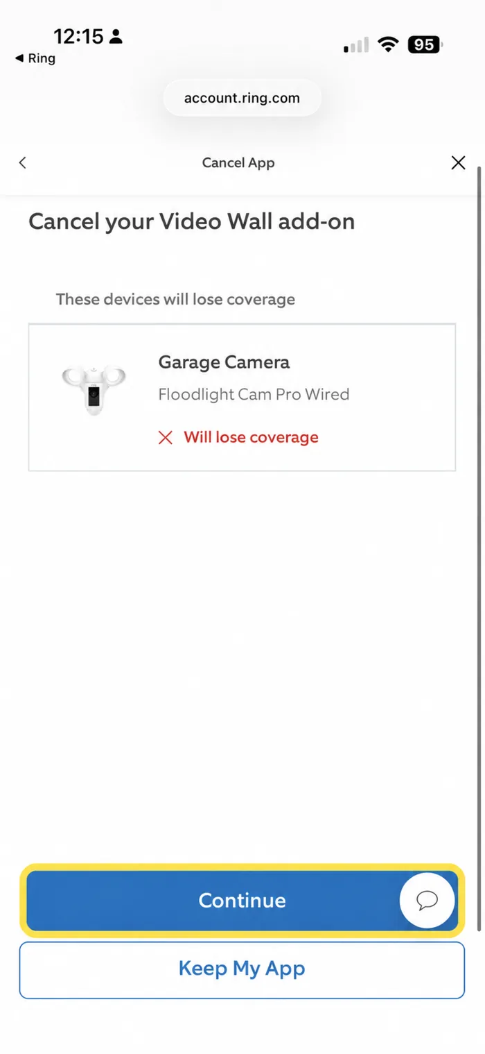 Ring's Cancel your Video Wall add-on screen naming the Garage Camera as losing coverage, with Continue and Keep My App buttons