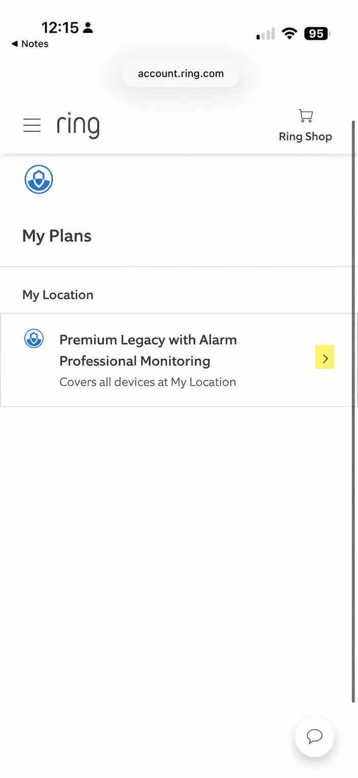 Ring's My Plans page with the chevron on the location's plan row highlighted — the plan covering all devices at that location