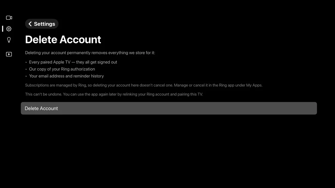 Video Wall's Delete Account screen listing what deleting removes, with a Delete Account button