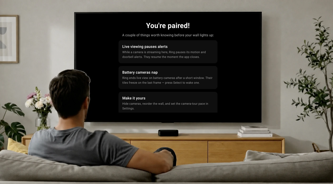 The Fire TV You're paired screen, listing three tips before the wall starts