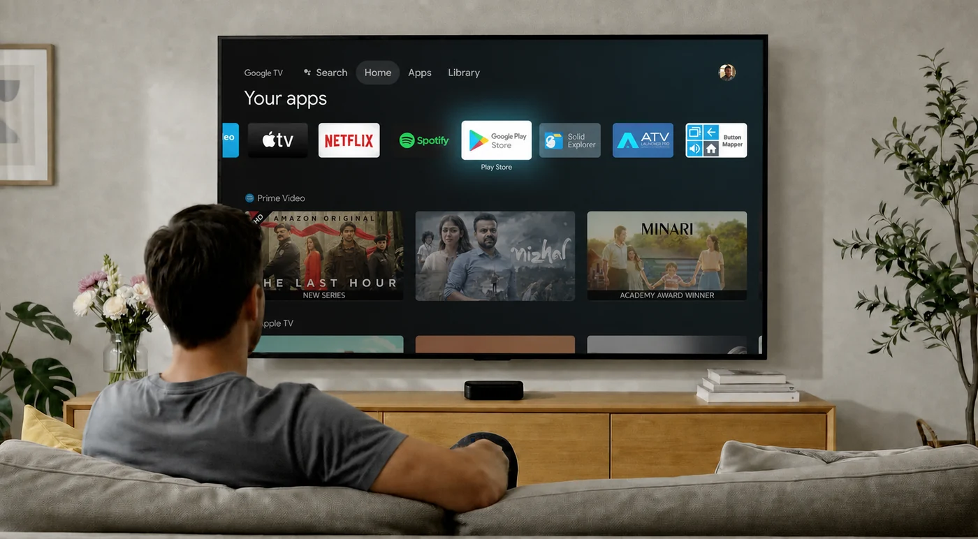 Google TV home screen with the Google Play Store tile selected
