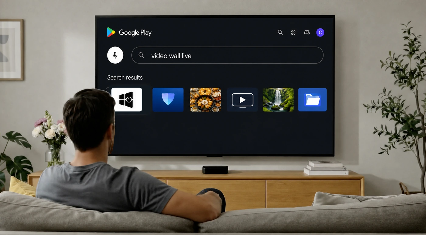 Google Play search for video wall live on a TV, with the Video Wall Live icon first in the results