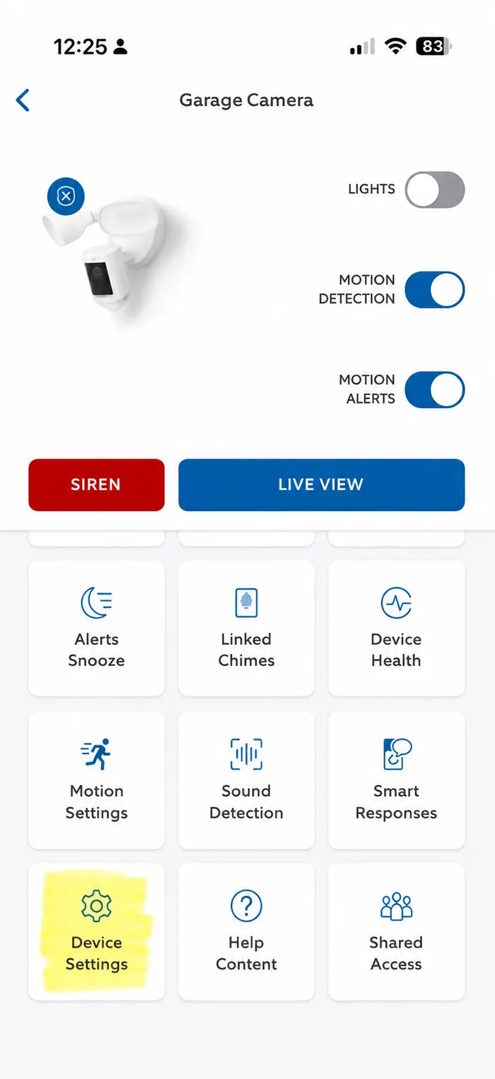 Garage Camera screen with Device Settings highlighted