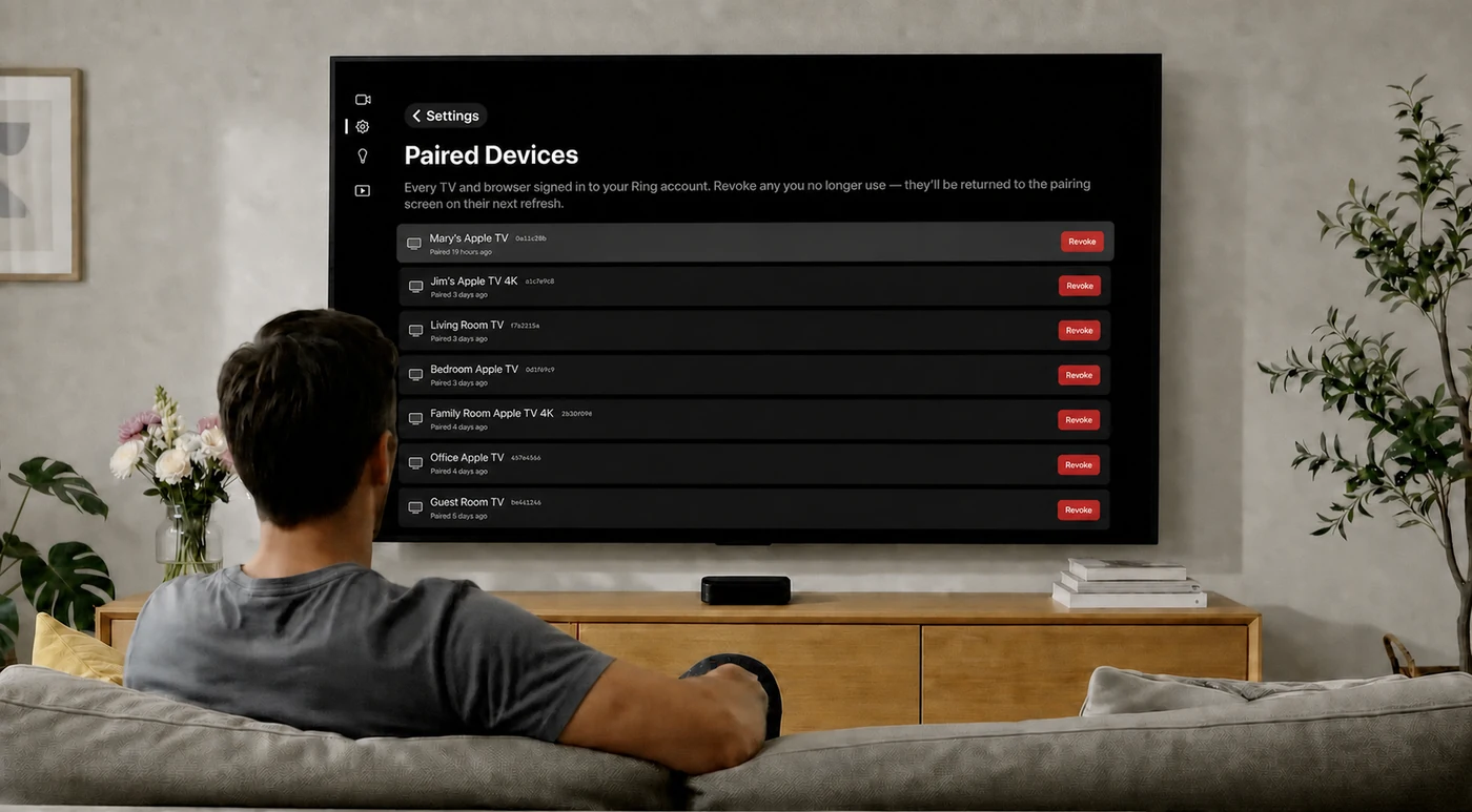The Paired Devices screen listing several TVs, each with a Revoke button