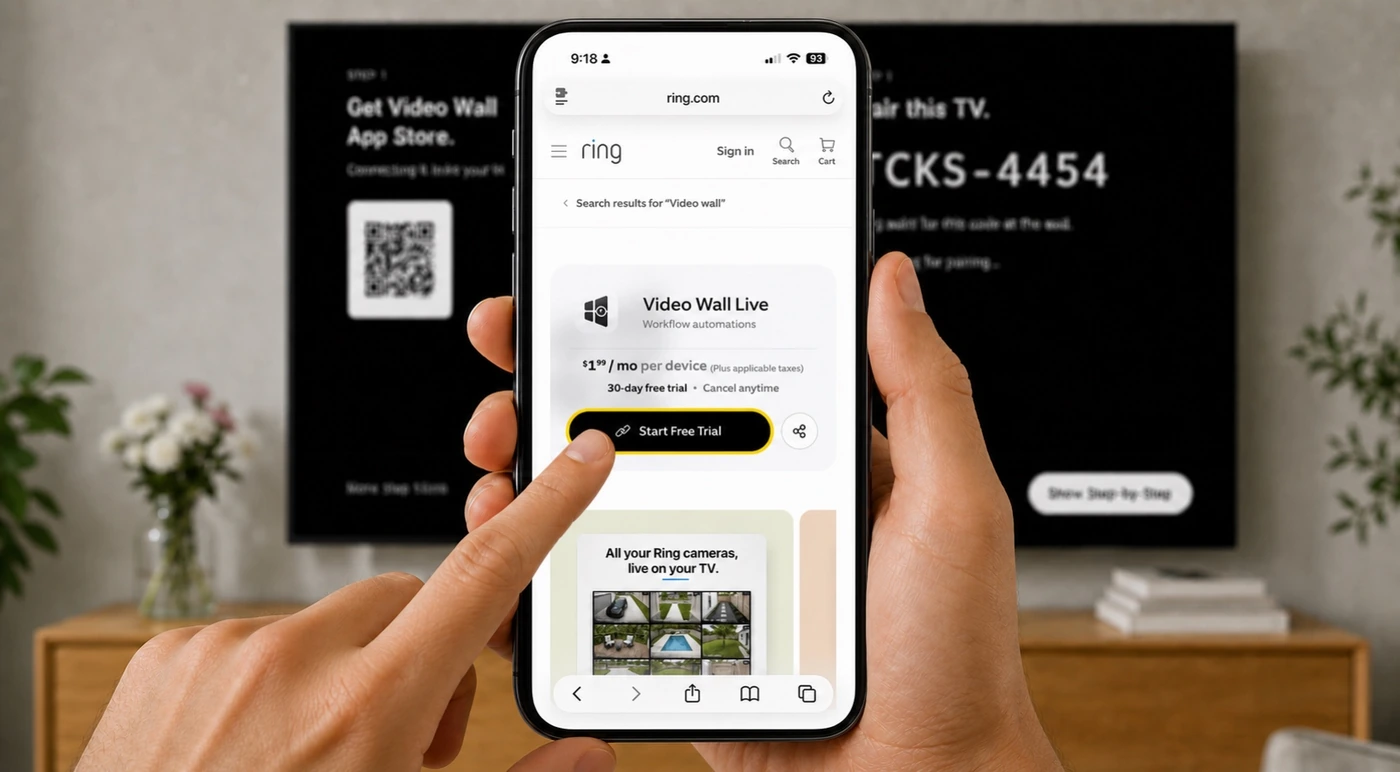 The Video Wall Live listing in the Ring App Store, with a finger on the highlighted Start Free Trial button