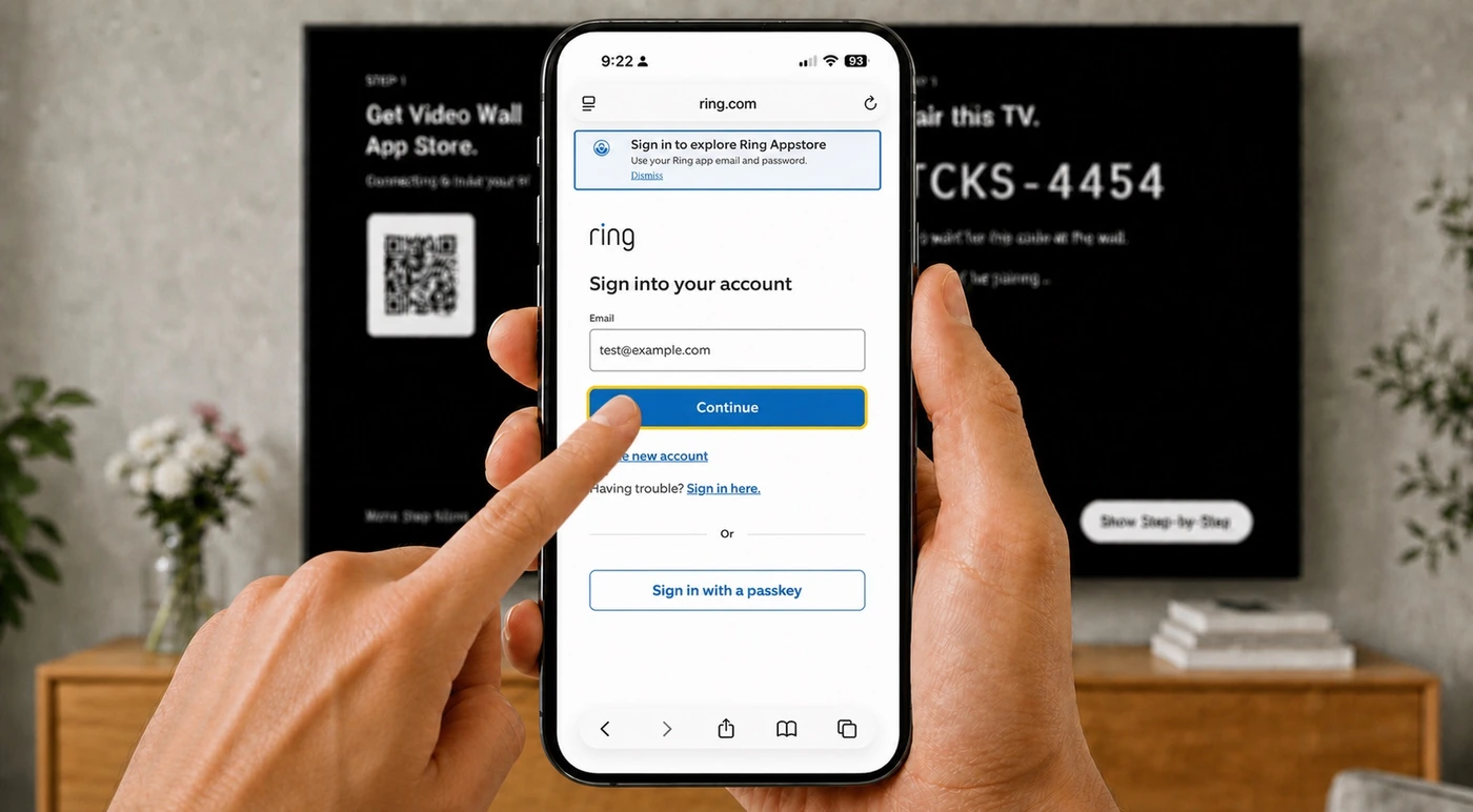Ring's Sign into your account page, with a finger on the highlighted Continue button