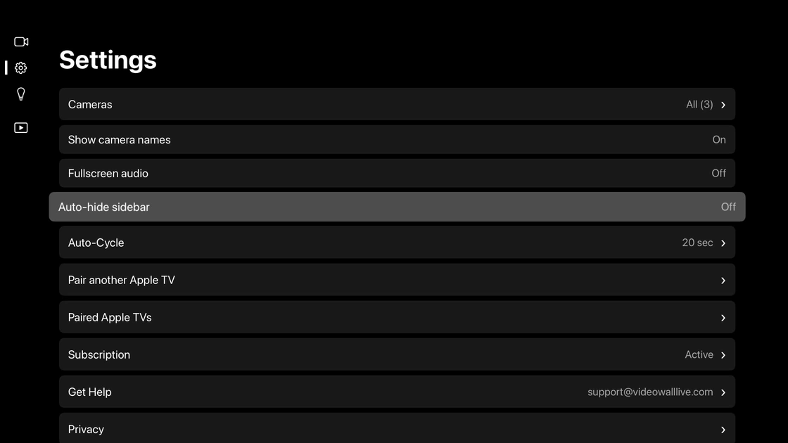Video Wall's Settings screen on the TV with the Auto-hide sidebar row highlighted and set to Off