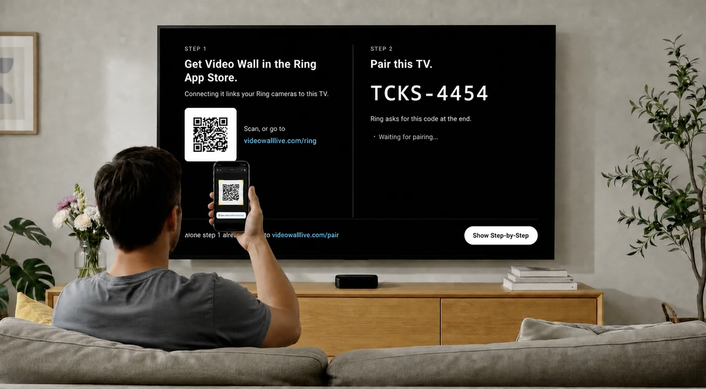The Video Wall pairing screen on a TV: a QR code on the left and an 8-character pairing code on the right