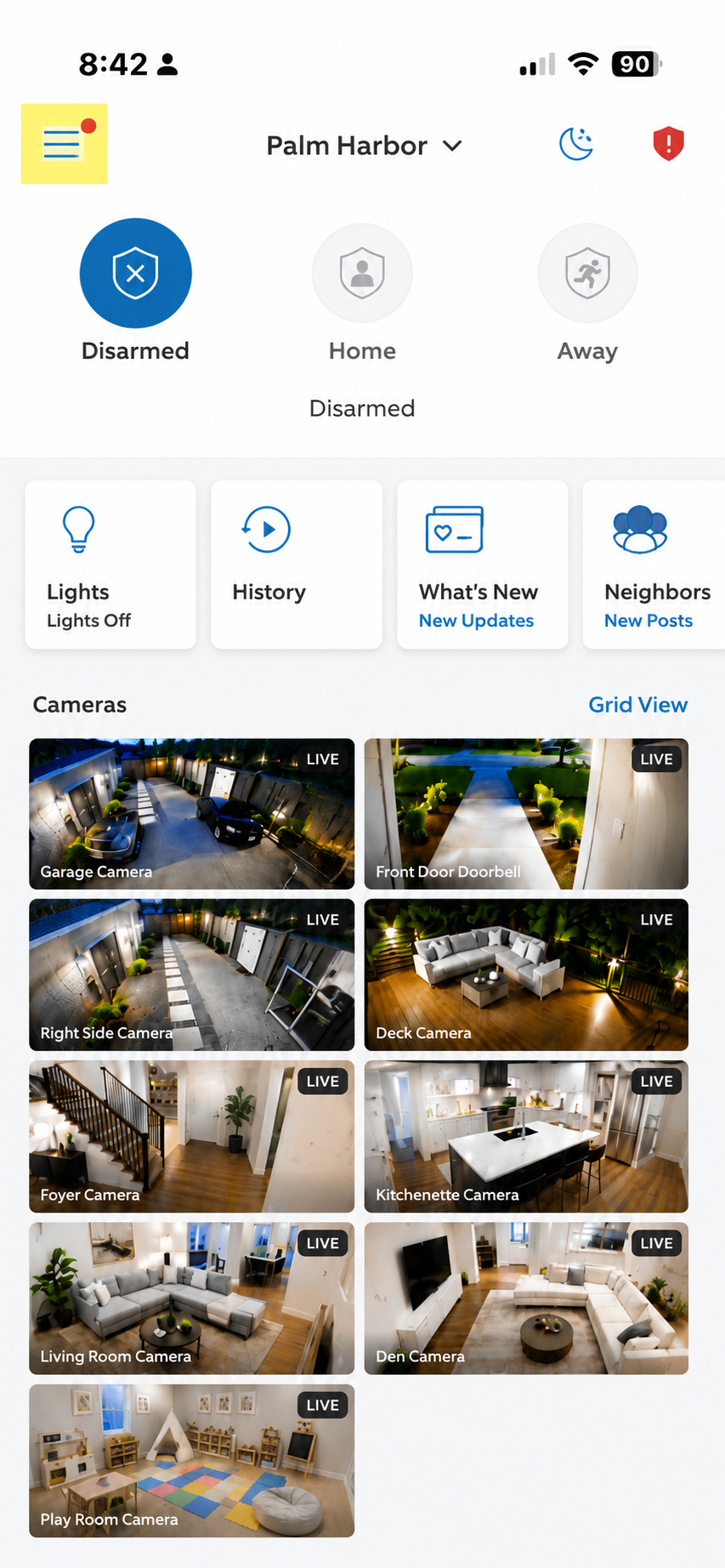 Ring home screen with the top-left menu icon highlighted