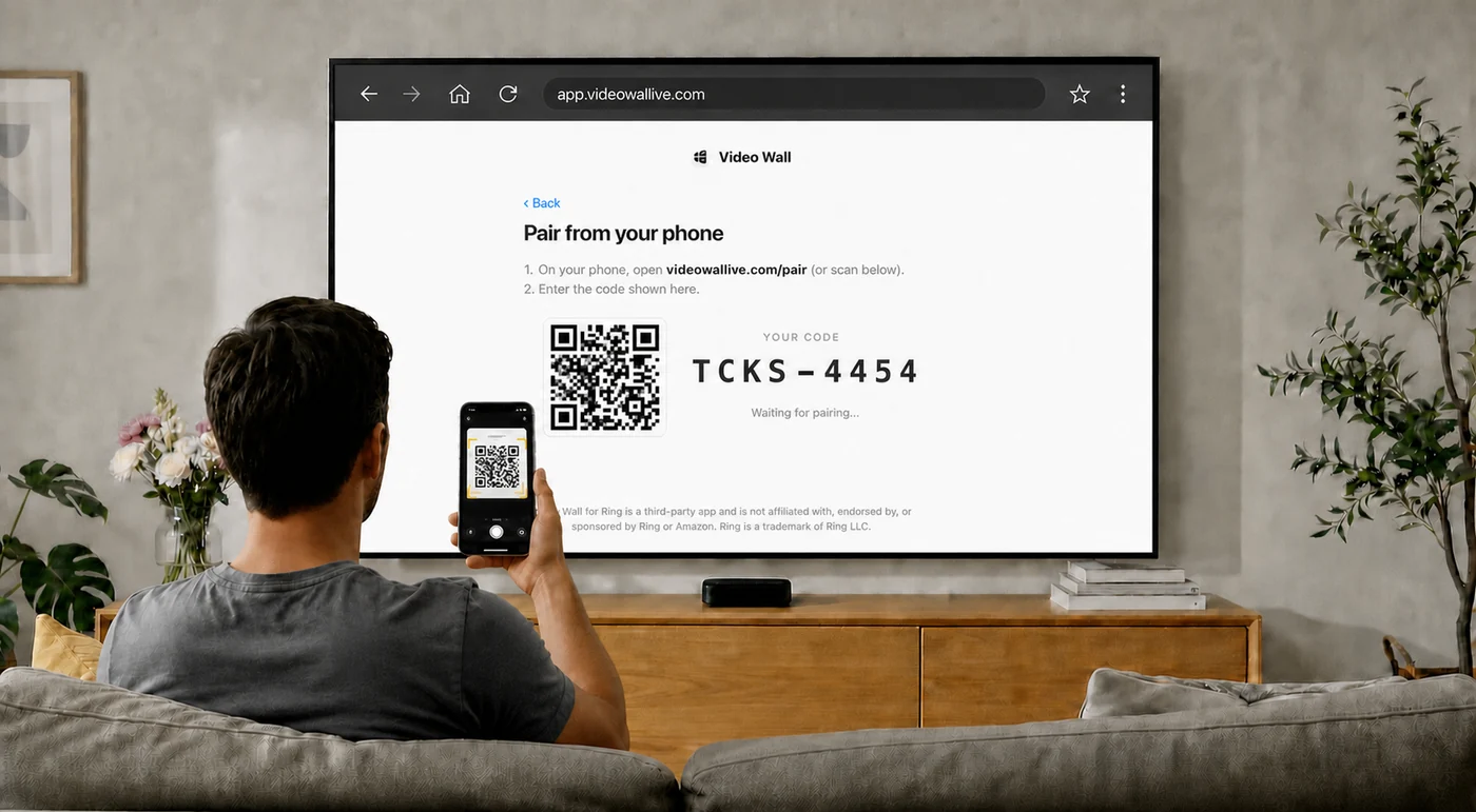 The TV browser showing an 8-character pairing code and a QR code, with a phone scanning it
